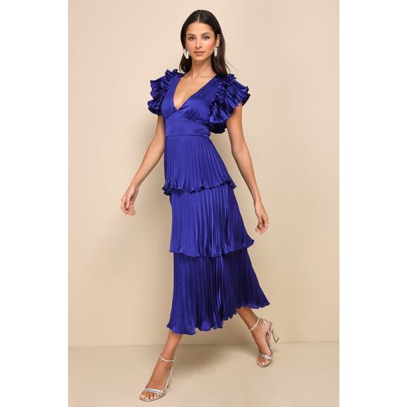 NWT Lulus Stunning Desire Cobalt Blue Satin Pleated Tiered Midi Dress Ruffle M - Picture 7 of 8
